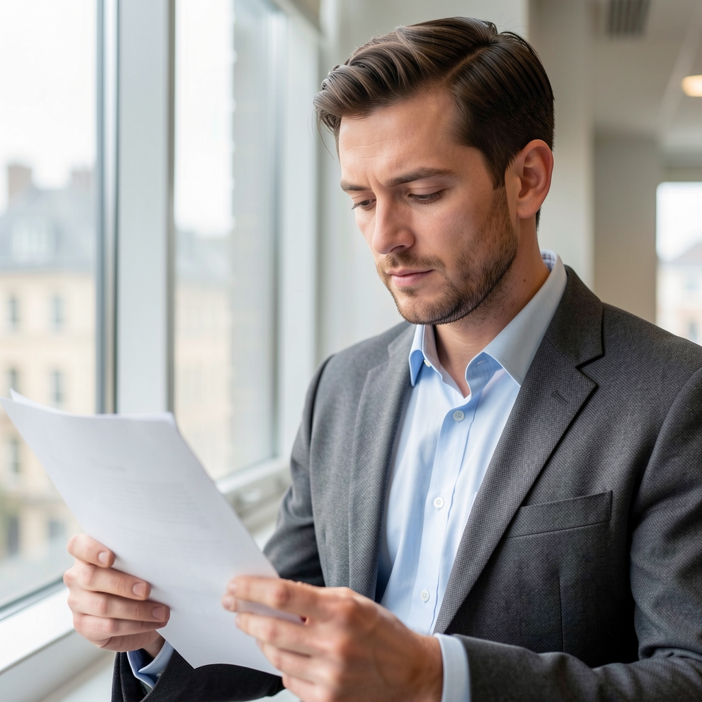Portrait of a man reviewing printed notes at a bright London office window, contemplative expression