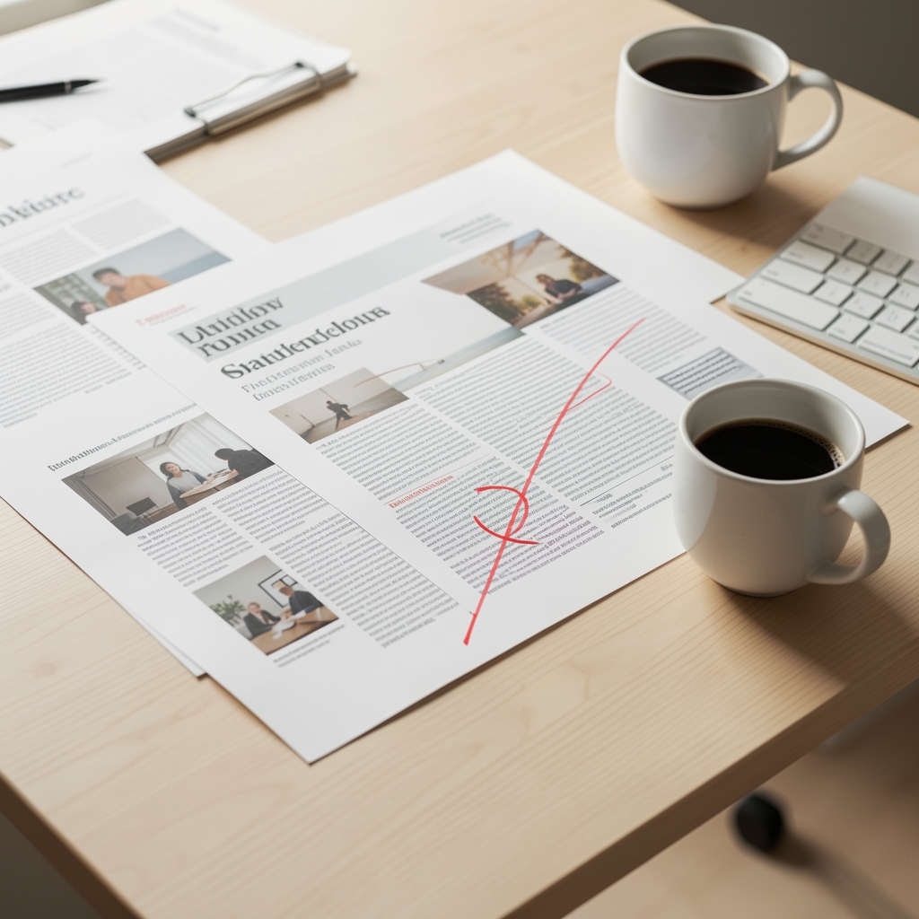 Editorial workspace with printed articles, red correction marks, and a coffee cup on a pale wooden table