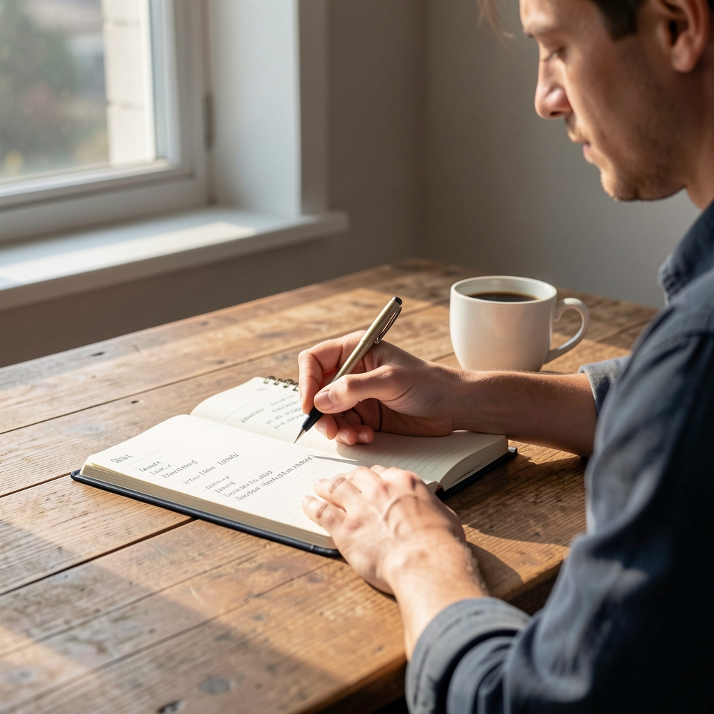 Person writing in a meal timing journal at a wooden desk, morning light through a window, coffee cup beside the notebook