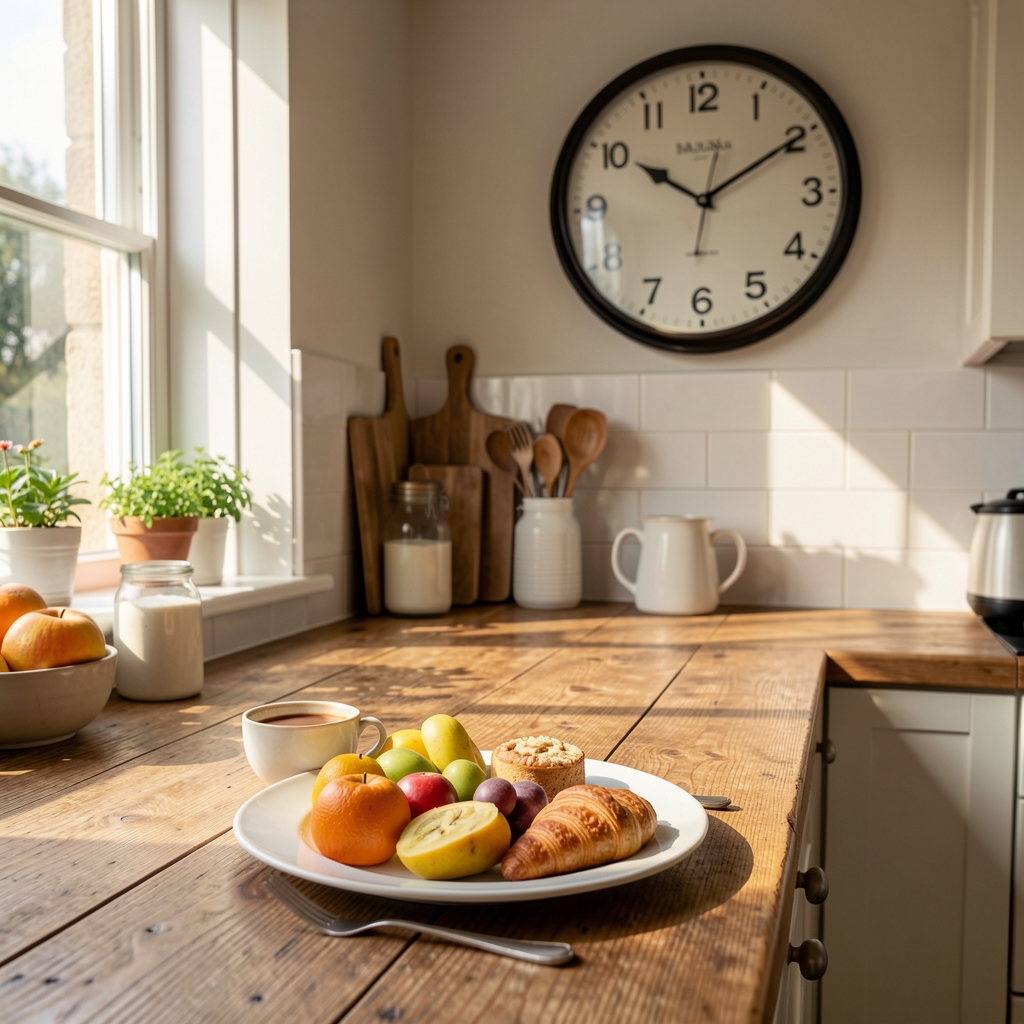 Breakfast bowl with whole grains and fruit arranged on a pale linen surface in early morning window light, editorial still life