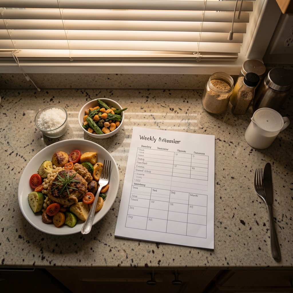 Food and a weekly meal planner on a kitchen counter, overhead editorial view, evening light through a blind