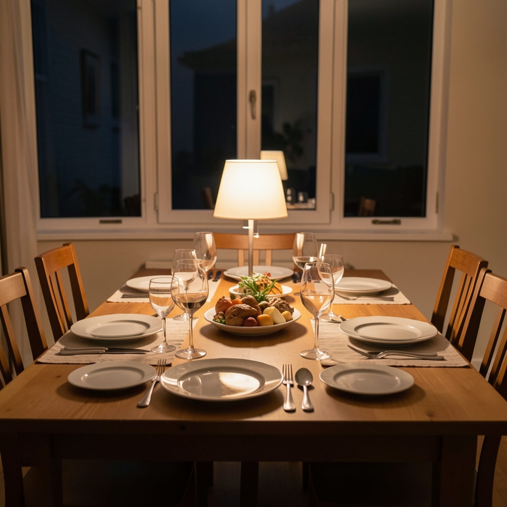Evening kitchen scene with a meal laid on a table under warm indoor light, overhead editorial photograph
