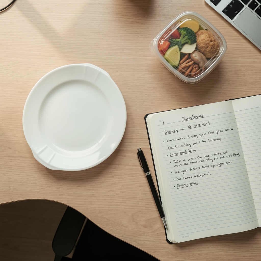 Desk with an empty plate, closed food container, and a notebook with work notes, overhead view, natural office light