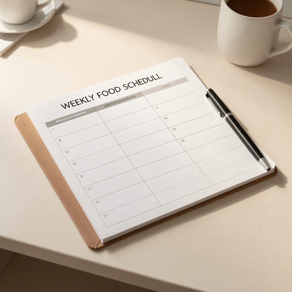 Weekly food schedule planner on a desk with a pen, mid-morning light, minimal composition on pale surface