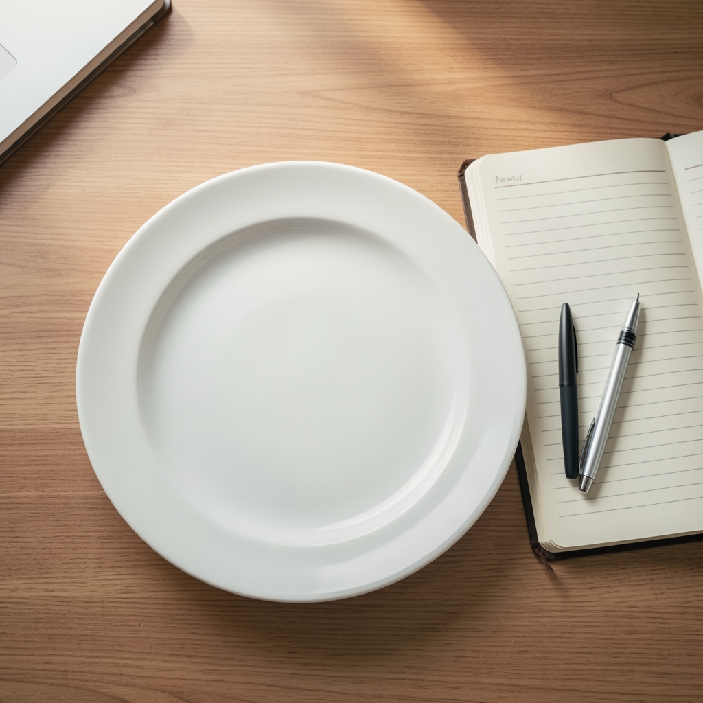 Empty desk surface at midday with only a notebook and water glass, no food present, daylight from a window