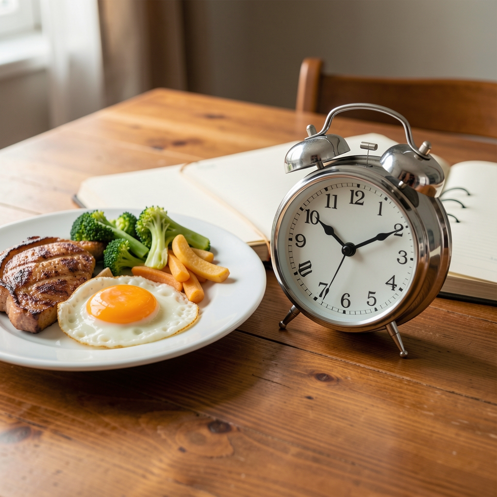Clock resting beside a breakfast plate and open notebook on a warm wooden surface, editorial still life